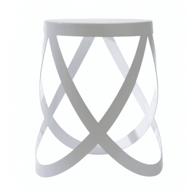 A contemporary white accent stool or side table featuring a solid circular top and an open, hourglass-shaped base composed of interlacing, broad, flat bands, finished in a high-gloss white. — 3D model (AI enhanced source)
