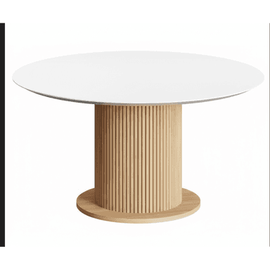 A modern round dining table featuring a white tabletop and a fluted natural wood pedestal base. The base is cylindrical with vertical fluting and rests on a slightly wider, circular plinth. — 3D model (AI enhanced source)