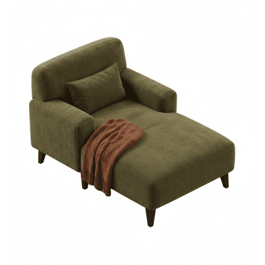 An olive green corduroy upholstered chaise lounge featuring a single armrest on the left side, an elongated seat, and a supportive backrest with a loose rectangular back cushion. It is supported by four dark wooden tapered legs and has a brown knitted throw blanket draped over the seat. — 3D model (AI enhanced source)