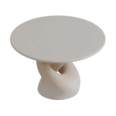 A modern side table featuring a round, smooth, light gray tabletop supported by a unique sculptural base. The base is an off-white or light beige color with a textured finish, formed by a single, continuously twisting or interlocking element that widens towards the bottom. The overall design is minimalist and contemporary. — 3D model (AI enhanced source)
