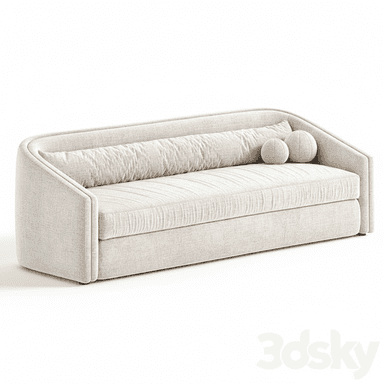 A modern upholstered sofa featuring integrated, rounded armrests and a continuous backrest, all covered in a light, textured fabric. It includes a long bolster pillow and two spherical decorative pillows. — 3D model (AI enhanced source)