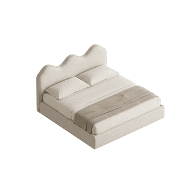 A contemporary upholstered platform bed featuring a distinctive wavy headboard. The entire frame, including the headboard and side rails, is covered in a light beige or cream fabric. The bed has a low-profile design, typical of a platform bed, with a mattress and bedding (pillows, sheets, and a throw blanket) in matching neutral tones. The aesthetic is minimalist and modern. — 3D model (AI enhanced source)