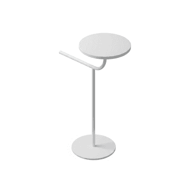 A minimalist white pedestal accent table featuring a round tabletop, a slender central column, and a circular base. An integrated handle or rail extends from beneath the tabletop, curving slightly upwards. The entire piece is rendered in a uniform matte white finish, suggesting a powder-coated metal construction, and is presented against a plain white background. — 3D model (AI enhanced source)
