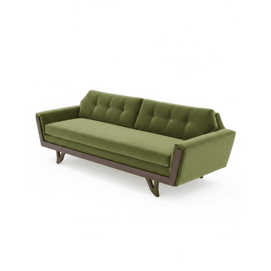 An olive green Mid-Century Modern sofa featuring a button-tufted backrest and an exposed dark wood frame that forms the base and partially frames the sides. — 3D model (AI enhanced source)