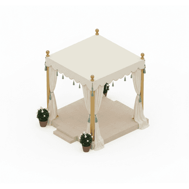 A decorative outdoor gazebo featuring a cream-colored fabric canopy with a scalloped edge and green tassel embellishments. It is supported by four golden posts topped with finials. Matching cream drapes are tied back to the posts with green tassels. The structure is set upon a raised, tiled platform with two steps, and is flanked by two potted green plants with white flowers. — 3D model (AI enhanced source)