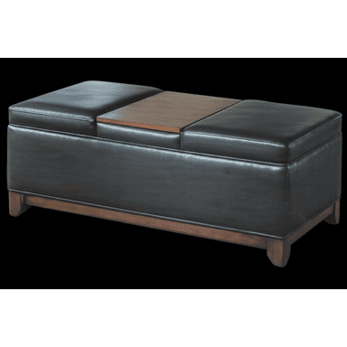 A rectangular storage ottoman upholstered in black leather, featuring a central section with a dark wood surface that appears to be an integrated or removable tray. The base is constructed from dark wood, providing support with short, slightly tapered legs. — 3D model (AI enhanced source)