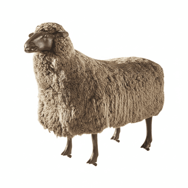 A freestanding, sheep-shaped furniture piece designed to function as an ottoman or stool. Its body is covered in a textured material resembling sheep's wool, while the head and four slender legs are smooth and dark, mimicking natural features. — 3D model (AI enhanced source)