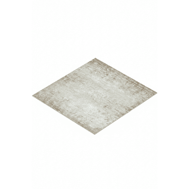 A square area rug featuring a distressed, faded abstract pattern in tones of beige, grey, and brown, presented at an angle on a white background. — 3D model (AI enhanced source)