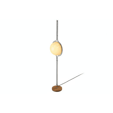 A modern floor lamp with a spherical, frosted glass shade suspended from a slender, metallic stem. The stem curves gracefully, cradling the shade. The lamp is supported by a round, wooden base, and a black power cord extends from the base. — 3D model (AI enhanced source)