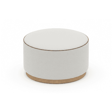 A contemporary round upholstered ottoman featuring a light-colored, textured fabric upper portion and a low, natural wood plinth base. A subtle dark brown piping detail is visible along the top edge where the seat meets the side. — 3D model (AI enhanced source)