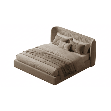 A modern upholstered platform bed featuring a low-profile frame and a distinctive pleated headboard, presented with bedding in neutral and green tones. — 3D model (AI enhanced source)