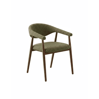 A mid-century modern inspired armchair with a curved backrest and integrated armrests, upholstered in textured green fabric, supported by a wooden frame with tapered legs. — 3D model (AI enhanced source)
