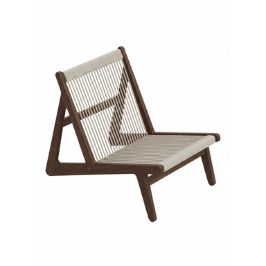 A contemporary low-profile lounge chair featuring a dark wooden frame and a woven rope seat and backrest. The frame has an angular, minimalist design, supporting tightly strung light-colored cords. — 3D model (AI enhanced source)