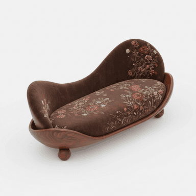 A curved chaise lounge with a dark brown, textured upholstery featuring a floral pattern. The base and frame are constructed from polished wood with visible grain, exhibiting a smooth, rounded form. It rests on four small, spherical wooden legs. The design blends organic curves with intricate detailing. — 3D model (AI enhanced source)