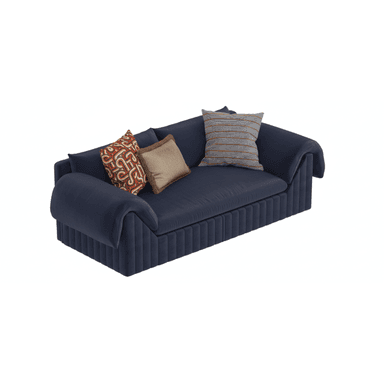 A modern loveseat with deep navy blue upholstery, featuring a distinctive vertically fluted base and soft, rolled-over arms. The seating area includes two seat cushions and a backrest with three assorted throw pillows. — 3D model (AI enhanced source)