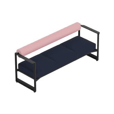 A modern bench featuring a minimalist black metal frame with dark blue upholstered seat cushions and a contrasting pink cylindrical bolster serving as the backrest. The frame includes integrated armrests. — 3D model (AI enhanced source)