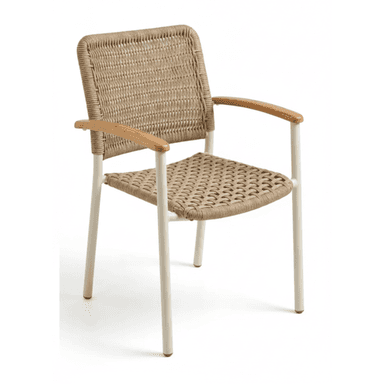 A contemporary outdoor dining armchair featuring a light beige powder-coated metal frame, natural-toned woven synthetic rope for the seat and backrest, and light wood caps on the armrests. The design is simple and functional. — 3D model (AI enhanced source)