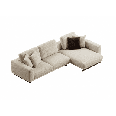 A sectional sofa with a light beige, textured upholstery. It features a chaise lounge extension and comes with two throw pillows, one in a matching textured fabric and one in a dark brown velvet. The sofa has clean lines and appears to be supported by a low-profile black base. — 3D model (AI enhanced source)