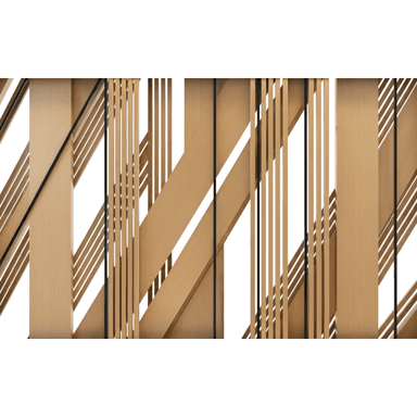 An abstract room divider or partition screen featuring an intricate geometric pattern of light-toned wooden slats and panels. The wooden elements are arranged vertically and diagonally, creating an dynamic visual effect. Thin, black vertical elements are interspersed throughout, adding contrast and definition to the design. The overall appearance is clean, modern, and suggests a contemporary aesthetic. — 3D model (AI enhanced source)
