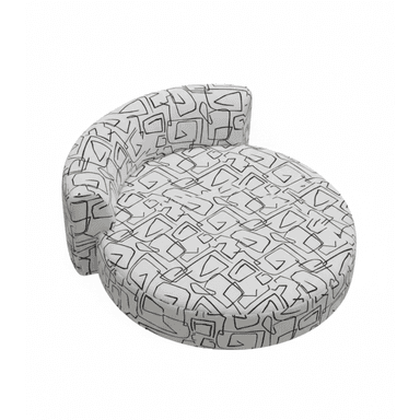 A circular armchair with a single curved backrest that extends slightly to the side. The seat and back are upholstered with a fabric featuring a repeating abstract pattern of black geometric lines on a white background. The design suggests a modern or contemporary style. — 3D model (AI enhanced source)