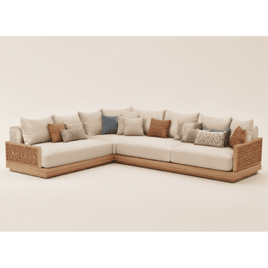 An L-shaped sectional sofa featuring a low-profile natural wood base, intricately woven rattan armrest panels, and plush light-beige fabric cushions, accompanied by an assortment of decorative accent pillows. — 3D model (AI enhanced source)