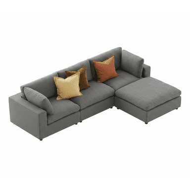 A contemporary gray fabric sectional sofa featuring a modular design, an L-shaped configuration, and a chaise lounge extension. It includes loose back cushions and is accessorized with several accent pillows in warm tones. — 3D model (AI enhanced source)