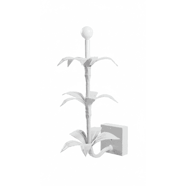 A white, wall-mounted light fixture designed in an Art Deco or Hollywood Regency style with a botanical motif. It features a vertical stem-like structure with tiered, stylized leaf-like elements. At the top, there is a spherical light diffuser, suggesting a single bulb. The entire fixture is monochromatic white, with a slightly textured, matte finish, giving it a sculptural appearance. — 3D model (AI enhanced source)