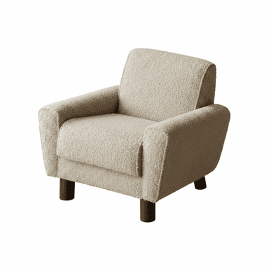 A modern upholstered armchair featuring a soft, textured bouclé fabric in an off-white or cream color. The chair has wide, rounded armrests and a slightly reclined backrest, contributing to a comfortable, inviting appearance. It is supported by four short, cylindrical dark wood legs. The overall design emphasizes softness and comfort with a contemporary aesthetic. — 3D model (AI enhanced source)