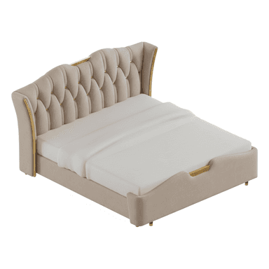 A luxurious contemporary upholstered bed frame with a distinctive wingback headboard. The headboard features deep button tufting in a beige, soft-pile fabric, accented with elegant gold-finished metal trim. The entire bed frame, including the low-profile, subtly curved footboard and side rails, is upholstered in the same beige fabric. It stands on small, gold-finished cylindrical feet. — 3D model (AI enhanced source)