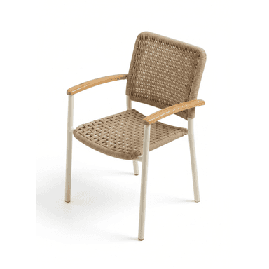 A contemporary outdoor armchair featuring a light beige woven rope seat and back, a cream-colored tubular metal frame, and light natural wood armrests. The chair has a minimalist design with straight legs and a slightly reclined back. — 3D model (AI enhanced source)
