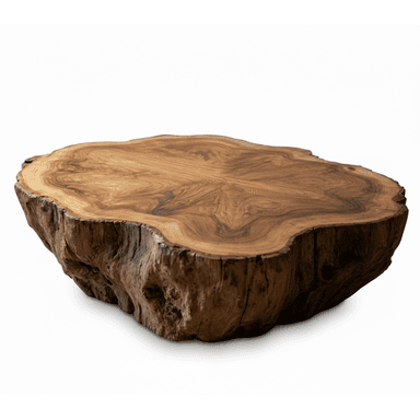 A low-profile coffee table crafted from a thick, natural cross-section of a tree trunk, featuring a smooth, polished top surface that showcases intricate wood grain patterns and distinct growth rings. The sides retain the raw, organic 'live edge' of the tree bark, giving it a rustic yet modern aesthetic. — 3D model (AI enhanced source)