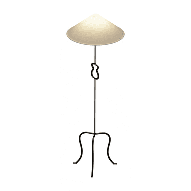 A freestanding floor lamp featuring a dark, possibly wrought iron, tripod base with scrolled legs and a decorative knot-like detail on the stem, topped with a bell-shaped frosted glass shade. — 3D model (AI enhanced source)