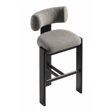 A modern bar stool featuring a curved backrest and seat upholstered in a textured grey fabric. The base and frame are constructed from black finished wood, with a subtle brass accent on the footrest. — 3D model (AI enhanced source)