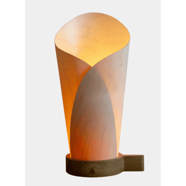 A modern table lamp featuring a sculptural shade crafted from bent plywood or wood veneer, which creates a warm, diffused light. The shade forms an organic, tapering shape, resting on a solid wood base. The design is minimalist and emphasizes natural materials. — 3D model (AI enhanced source)