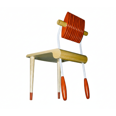 A visually striking chair featuring a natural wood seat and front legs, complemented by white metal back legs and support structure, and a unique backrest constructed from stacked orange disks. — 3D model (AI enhanced source)