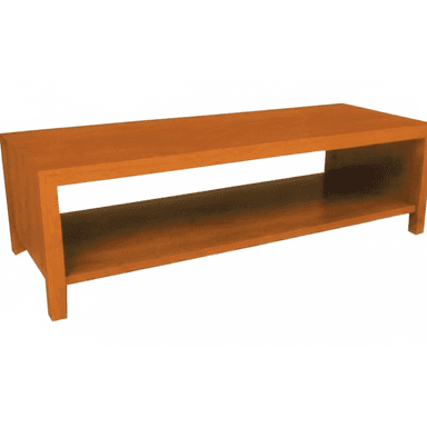 A low-profile, rectangular media console constructed from wood with a medium brown finish. It features a flat top surface, an open storage shelf directly beneath, and sturdy block legs integrated into the end panels, creating a minimalist and functional design. — 3D model (AI enhanced source)