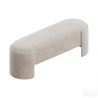 A modern upholstered bench with an elongated oval top and two solid, curved base supports, all covered in light beige velvet-like fabric. — 3D model (AI enhanced source)