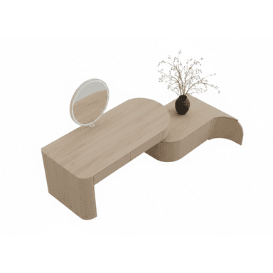 A contemporary vanity desk constructed from light-toned wood, featuring an organic and curved design. It includes a movable circular mirror with what appears to be integrated lighting, and multiple hidden drawers for storage. The table surface is split into two sections, one with the mirror and drawers, and another lower, wavy section for display or additional surface area. — 3D model (AI enhanced source)