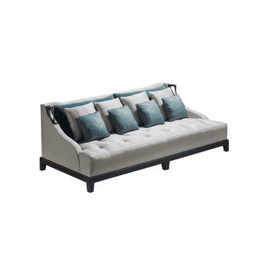 An elegant contemporary daybed featuring a light grey upholstered frame with a low back and integrated side panels, accented with decorative brass-toned metal pieces. The deep seat is button-tufted and accompanied by a set of varying sized bolster and throw cushions in teal and light grey, providing comfortable back support. It rests on a dark, geometric wooden base with block feet. — 3D model (AI enhanced source)