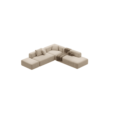 A contemporary modular L-shaped sectional sofa, upholstered in a light beige textile fabric. The sofa features a low-profile design with integrated low backrests and armrests, comprising multiple individual units arranged in an L-configuration. It is accessorized with loose back cushions, a brown patterned throw blanket, and two spherical decorative pillows, suggesting a comfortable and modern aesthetic. — 3D model (AI enhanced source)
