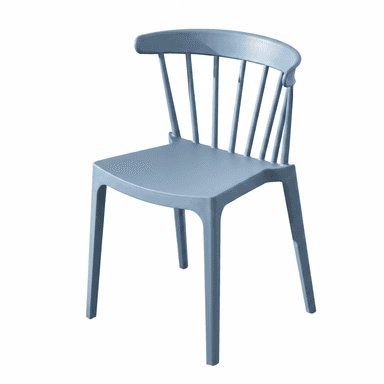 A contemporary dining chair in a muted blue hue, constructed from molded plastic with a spindle-style backrest and solid legs. The design is sleek and minimalist, suitable for modern interiors. — 3D model (AI enhanced source)