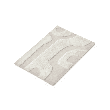 A rectangular area rug featuring a two-tone cream and beige color palette with an abstract, organic pattern created by varying pile heights and textures. — 3D model (AI enhanced source)