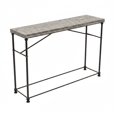 A long and narrow console table featuring a grey speckled stone top and a slender, dark metal, likely iron, frame with minimalist cross-bracing and subtle decorative feet. — 3D model (AI enhanced source)