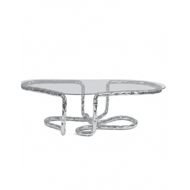 A low-profile coffee table featuring an irregularly shaped clear glass top supported by a sculptural base made of hammered silver-toned metal tubing bent into an abstract, organic form. — 3D model (AI enhanced source)