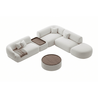 A multi-piece modular sectional sofa upholstered in a light, neutral fabric, featuring rounded edges and a low profile. One section includes a built-in wooden tray table. The arrangement is complemented by a separate, matching round coffee table with a wooden top. — 3D model (AI enhanced source)
