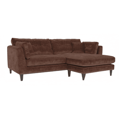 A contemporary sectional sofa featuring a right-hand chaise lounge, upholstered in a plush chocolate brown velvet fabric, with tufted backrests and short, tapered dark wood legs. — 3D model (AI enhanced source)