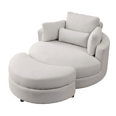 A contemporary, oversized round chaise lounge, upholstered in light-colored fabric, featuring a deep seat, high back with loose cushions, and a curved, complementary ottoman that fits snugly against the main unit. It appears to have a swivel base. — 3D model (AI enhanced source)
