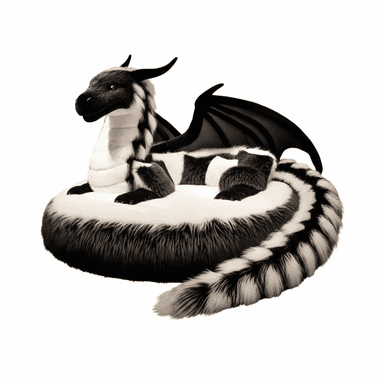 A large, plush bean bag chair shaped like a dragon, featuring a striking black and white faux fur pattern. The chair includes a circular cushioned base for seating, with an integrated dragon head, wings, and a coiled tail, all covered in long, soft faux fur. — 3D model (AI enhanced source)