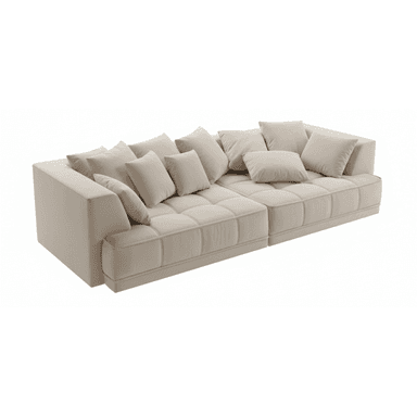 A modular sectional sofa with a low profile. It features a light-colored fabric upholstery with a tufted or channel-stitched pattern on the seat cushions and the base. Multiple throw pillows in a matching fabric are arranged on the backrest, some are square and others are slightly more rectangular. The sofa appears to be composed of at least two connected sections, forming an L-shape or a long linear arrangement. The design is contemporary and minimalist. — 3D model (AI enhanced source)