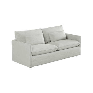 A light grey, contemporary two-seater sofa with a relaxed, deep-seated design. It features plush back cushions, two smaller rectangular throw pillows, and wide, low arms. The upholstery is a textured, light-colored fabric, and the sofa has a low profile, resting on discreet, recessed feet. — 3D model (AI enhanced source)
